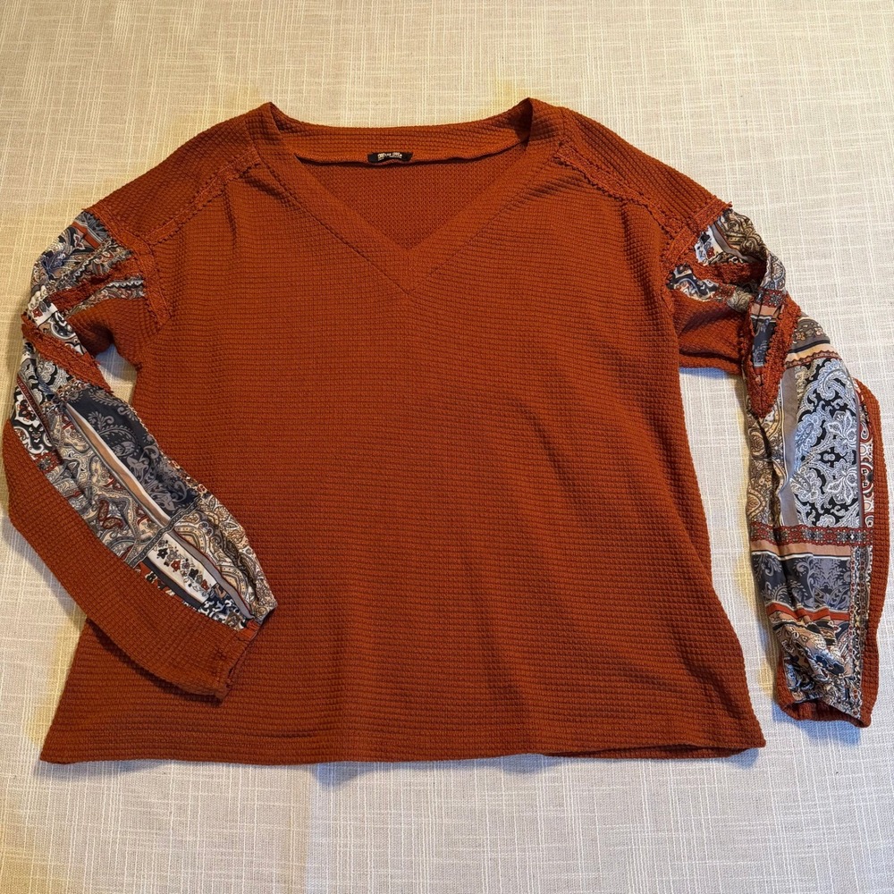 Miss Me Womens Rust Orange Waffle Knit Paisley Mixed Media Top MT2359L L